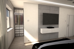 047. szaro biala sypialnia z betonem i lozkiem z tapicerowanym wezglowiem grey and white bedroom concrete wood