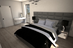 048. szaro biala sypialnia z betonem i lozkiem z tapicerowanym wezglowiem grey and white bedroom concrete wood