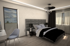 049. szaro biala sypialnia z betonem i lozkiem z tapicerowanym wezglowiem grey and white bedroom concrete wood