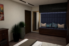 050. sypialnia w stylu kolonialnym z tapicerowanym granatowym siedziskiem  ze zlotymi i miedzianymi dodatkami colonial bedroom dark blue gold cooper