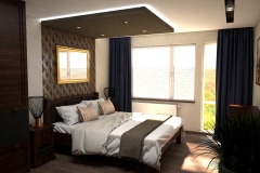 053. sypialnia w stylu kolonialnym z tapicerowanym granatowym siedziskiem  ze zlotymi i miedzianymi dodatkami colonial bedroom dark blue gold cooper