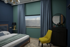 088.-sypialnia-granatowo-turkusowa-zolty-akcen-drewniane-lozko-drzwi-przesuwne