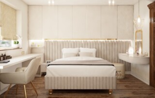 sypialnia glamour, pokój nastolatki, tapicerowane wezgłowie