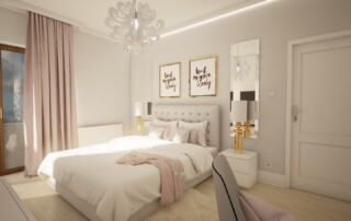 jasna sypialnia z różowymi i złotymi akcentami