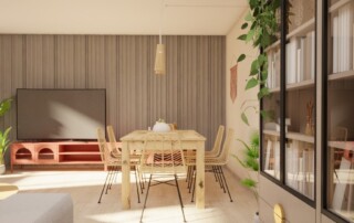 czerwona szafka RTV, beton, jasny stół, kolor, akcent na kolor, krzesła rattanowe