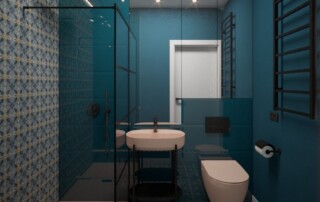 Niebanalna łazienka z niebieskimi ścianami, wzorzystymi płytkami i nowoczesną aranżacją prysznica.