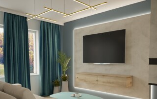 aranżacja salonu w błękitnych odcieniach – zaproś błękit do swojego wnętrza, projekt nowoczesnego salonu z beżową sofą, drewnianą szafką RTV i złotym oświetleniem, autorstwa archJudyta