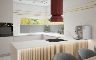 Nowoczesna kuchnia w odcieniach kaszmiru z bordowym okapem, drewnianą wyspą i złotymi detalami – projekt wnętrza autorstwa ArchJudyta. bordo w kaszmirowym wnętrzu