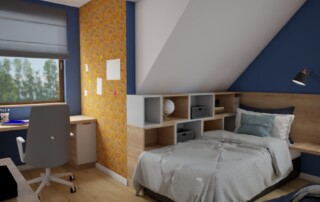 Nowoczesny pokój dla chłopca z granatową ścianą, łóżkiem z drewnianym zagłówkiem, szafą na wymiar i granatową pufą do siedzenia