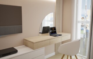 Nowoczesne biurko w pokoju nastolatki – jasne drewno, beżowe ściany i funkcjonalna aranżacja z lustrem i zabudową