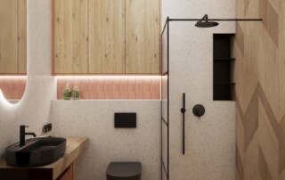 Nowoczesna łazienka z drewnem, czarną armaturą, prysznicem walk-in i podświetleniem LED w jasnej aranżacji