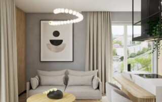 Nowoczesny salon z aneksem kuchennym w jasnej kolorystyce z drewnianą podłogą w jodełkę, sofą, wyspą kuchenną i designerską lampą
