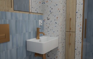 mała łazienka aranżacja z terrazzo i niebieskimi płytkami