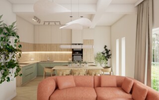 Nowoczesny salon z kuchnią, terakotową sofą, zielonymi frontami kuchennymi, drewnianymi elementami i designerskimi lampami wiszącymi w jasnym wnętrzu.